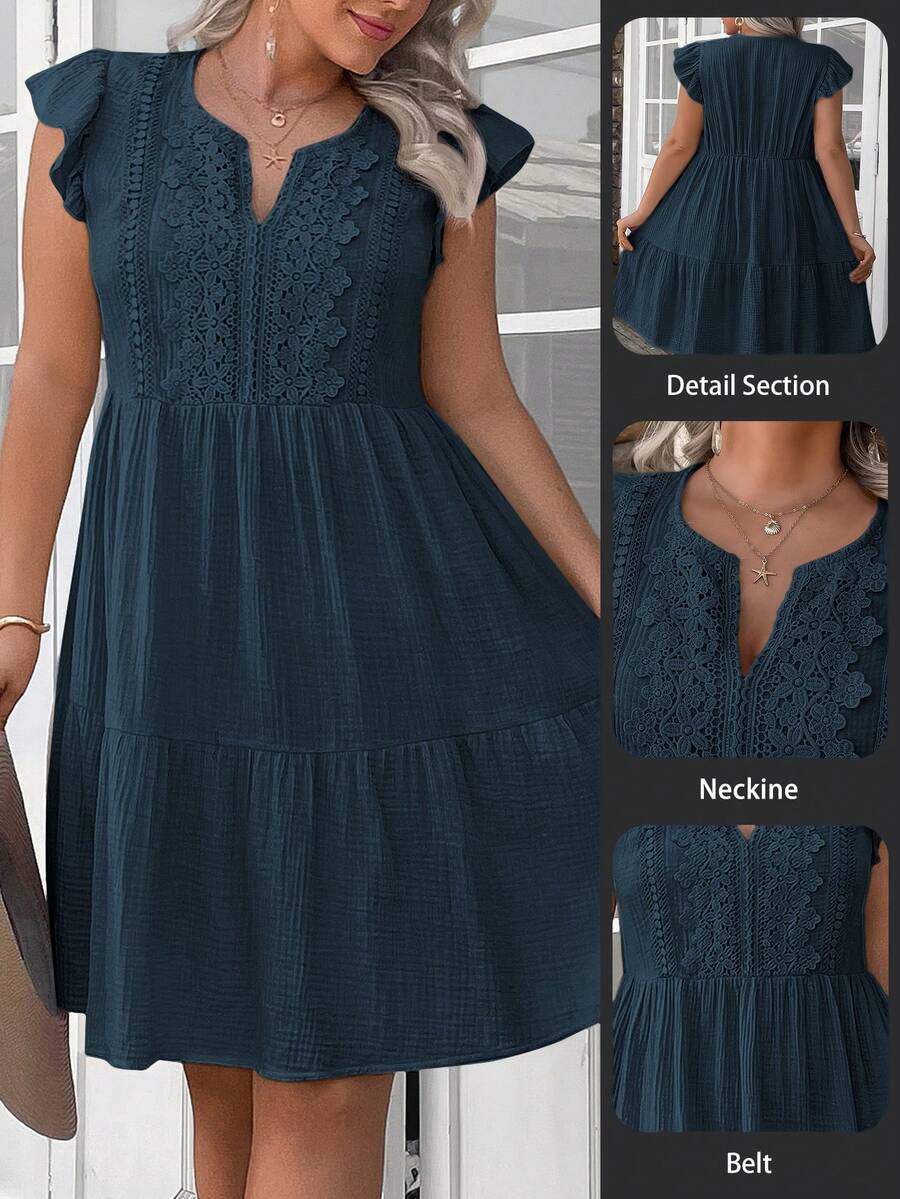 SHEIN LUNE 大码女式夏季休闲V领短袖连衣裙 - 藍色 - 查看 1