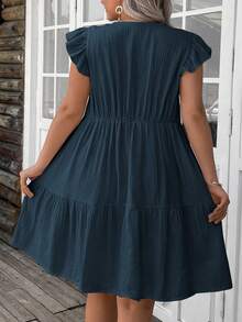 SHEIN LUNE 大码女式夏季休闲V领短袖连衣裙 - 藍色 - 查看 2