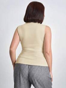 Chikora Plus Size Ruched Slim Fit Stand Collar Tank Top Concert Women,Business Casual Tank Top - Apricot - View 2