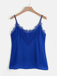 SHEIN Clasi Plus Size Solid Color Spaghetti Strap Lace Patchwork Casual Camisole Tank Top For Summer, Summer Tops - Royal Blue - View 1