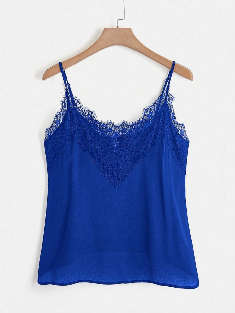 SHEIN Clasi Plus Size Solid Color Spaghetti Strap Lace Patchwork Casual Camisole Tank Top For Summer, Summer Tops - Royal Blue - View 1