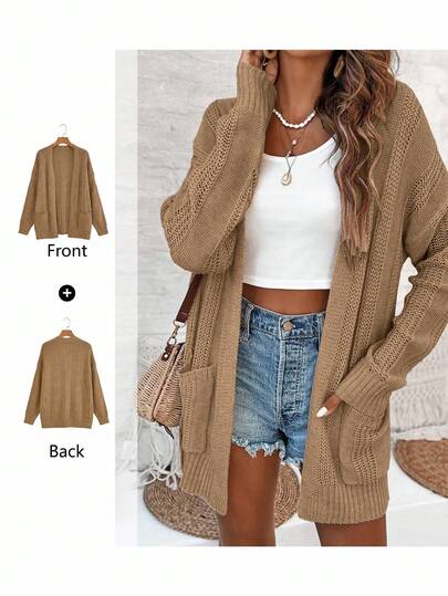 EMERY ROSE Cárdigan de mujer de unicolor de manga larga con bolsillo, de uso casual y minimalista para el día a día