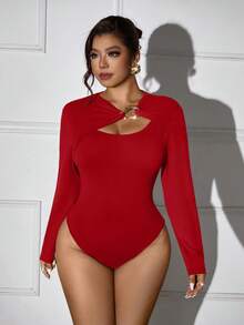 Femmeverse Plus Size Women Unique Relaxed Fit Knit Bodysuit - Red - View 3