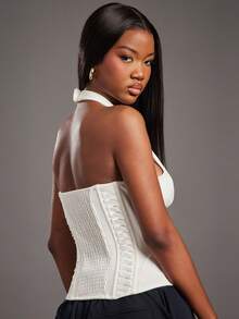 NYA SZN Women White Summer Seksi Chic Club Night Halter Plunge Neck Fitted Corset Lace Detail Zipper Festive Holiday Christmas NYE New Years Eve Y2K Party - White - View 2