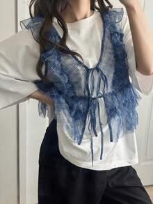 FRIFUL Women's Plaid Blue Sheer Mesh Fabric Layered Tie-Up Bow Loose Casual Versatile Blouse - Blue - View 3