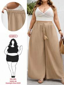 SHEIN CURVE+ Curve 尺码 US22 音乐节、海滨度假、波西米亚风女士纯色宽松长裤，休闲舒适 - 杏色 - 查看 7