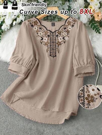 SHEIN CURVE+ Camisa casual con mangas abullonadas, bordado floral y estilo bohemio para mujeres de talla grande, ideal para festivales de música, vacaciones en la playa