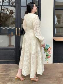 Dazy Plus Dehnbares, figurbetontes, elegantes Spitzen-Patchwork-Meerjungfrauenkleid, sexy Damenkleid in Große Größen für Frühling/Herbst-Dates, Apricot - Aprikosenfarben - Übersicht 5