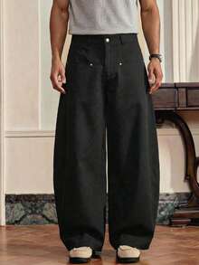 SWAVVY 男士纯色口袋休闲宽松阔腿裤 - 黑色 - 查看 3