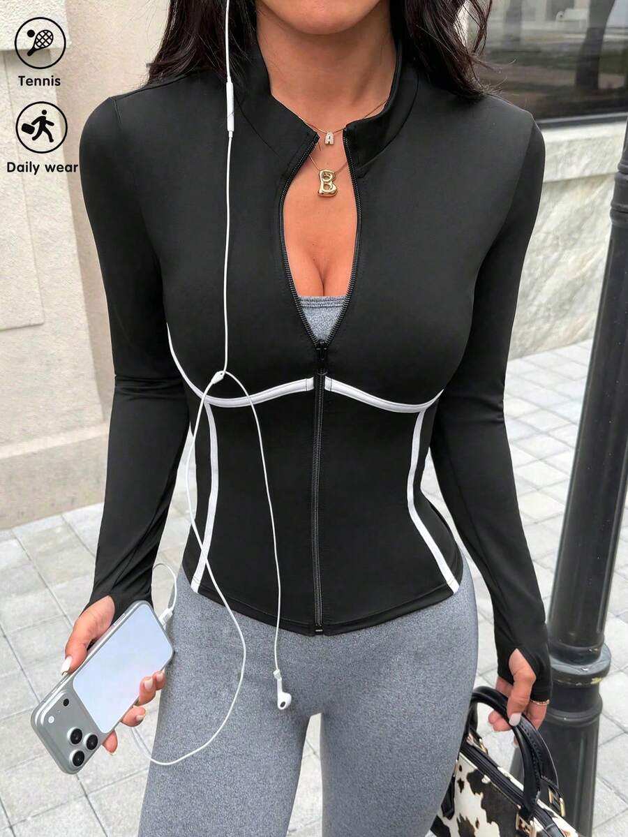 Dewbera 女士长袖拉链修身运动夹克 - 黑與白 - 查看 1