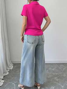 Elenzga Women Fashionable Girl Print Short Sleeve Button-Up Shirt,Short Sleeve Tops - Hot Pink - View 2