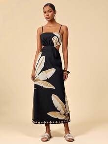 Travachic Elegant Floral Print Hollow Out Casual Vacation Slip Dress - Black - View 4