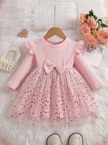 Souflis Souflis Cute Baby Girls Pink Round Neck Long Sleeve Geometric Star Short Dress With Ruffle Details And Bow - Pink - View 4