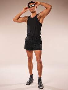 FeverCity Men's Casual Leopard Print Slant Pocket Shorts, Summer - Black - View 6