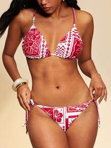 Travachic Women's Geometric Print Spaghetti Strap Sexy Bikini Swimwear Set, Summer Beach, Spring Summer Outfits, Festival Outfits, Elegant Party Outfits, Beach Vacation Outfits - Multicolor - View 3