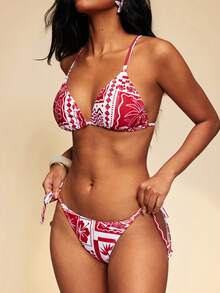 Travachic Women's Geometric Print Spaghetti Strap Sexy Bikini Swimwear Set, Summer Beach, Spring Summer Outfits, Festival Outfits, Elegant Party Outfits, Beach Vacation Outfits - Multicolor - View 4