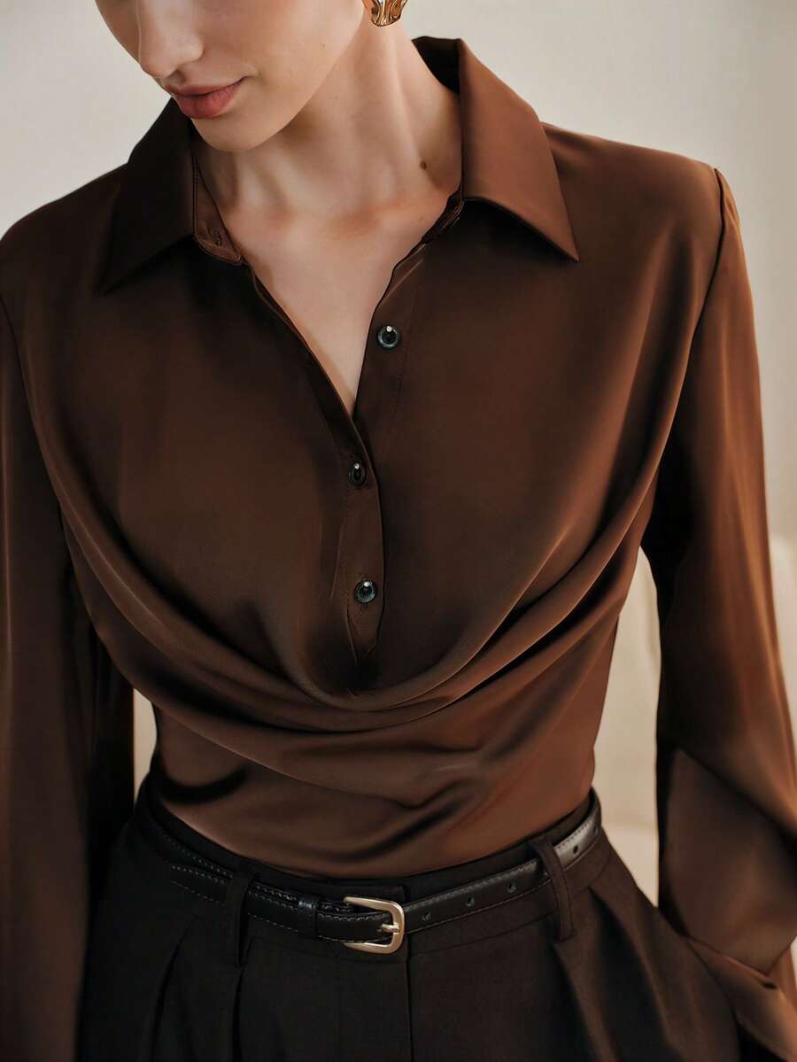 Anewsta 优雅褶裥领长袖衬衫，时尚百搭，适合新年、春季、夏季、情人节、派对等场合。 - 咖啡棕 - 查看 1