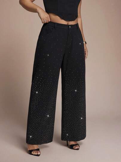 SHEIN PETITE CURVE 大码休闲水钻装饰直筒牛仔裤