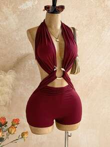 Soleia Bộ jumpsuit nữ màu trơn, kiểu cổ yếm buộc dây, hở lưng, xếp ly, trang trí kim loại, gợi cảm cho buổi hẹn hò và tiệc tùng. - Đỏ - Xem 3