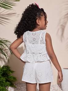 Young Girls' Embroidered Fabric Camisole Top + Loose Shorts 2-Piece Set, Casual Cute Fashion Versatile For Outings, Sisters Photos, Park, Camping, Daily, Party, Vacation,Kids - White - View 2
