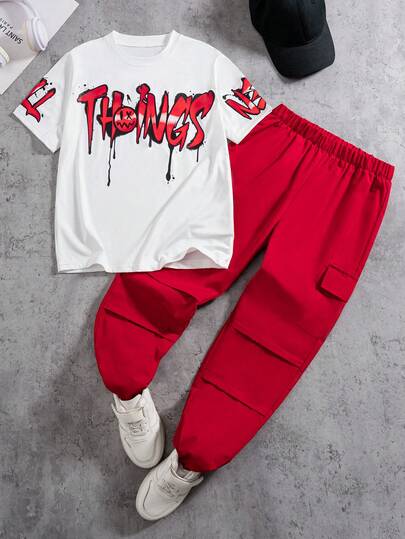 Coolqubz Set de 2 piezas: Camiseta de cuello redondo con gráfico de verano y pantalones cargo plisados para niños preadolescentes - Conjunto deportivo casual