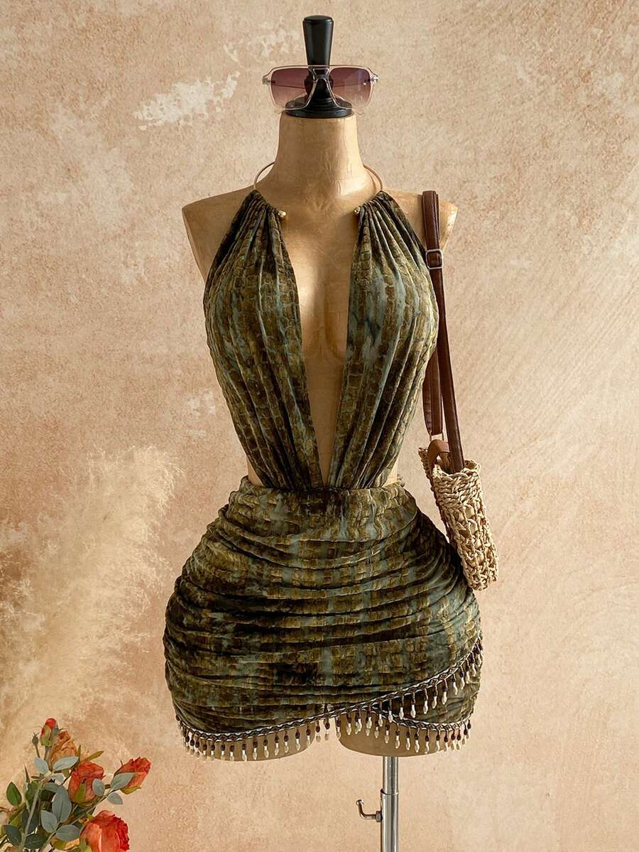 Soleia Đầm mini ôm sát gợi cảm kiểu vintage bằng vải lưới, cổ khoét sâu, đính hạt cườm, thích hợp cho tiệc tùng, Giáng sinh, hẹn hò, hộp đêm, phong cách Bohemian, Boho, kỳ nghỉ, mùa thu. - màu xanh lá - Xem 1