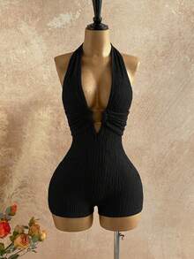 Soleia Bộ jumpsuit nữ màu trắng dệt kim có họa tiết, kiểu dáng thanh lịch, hở lưng, cổ tròn, gợi cảm cho Halloween, Giáng sinh, kỳ nghỉ. - màu đen - Xem 3