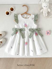 Cozy Pixies Đầm bé gái cổ tròn tay ngắn, eo thắt, phối màu tương phản với nơ, đa năng và thoải mái. - màu xanh lá - Xem 8
