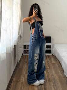 StreetHx Peto vaquero casual desgastado y desgastado para mujer - Azul - Ver 5