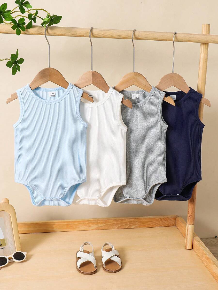 SHEIN 4件套可爱休闲纯色针织连体衣,适合男宝宝/女宝宝,春夏皆宜 - 彩色 - 查看 1