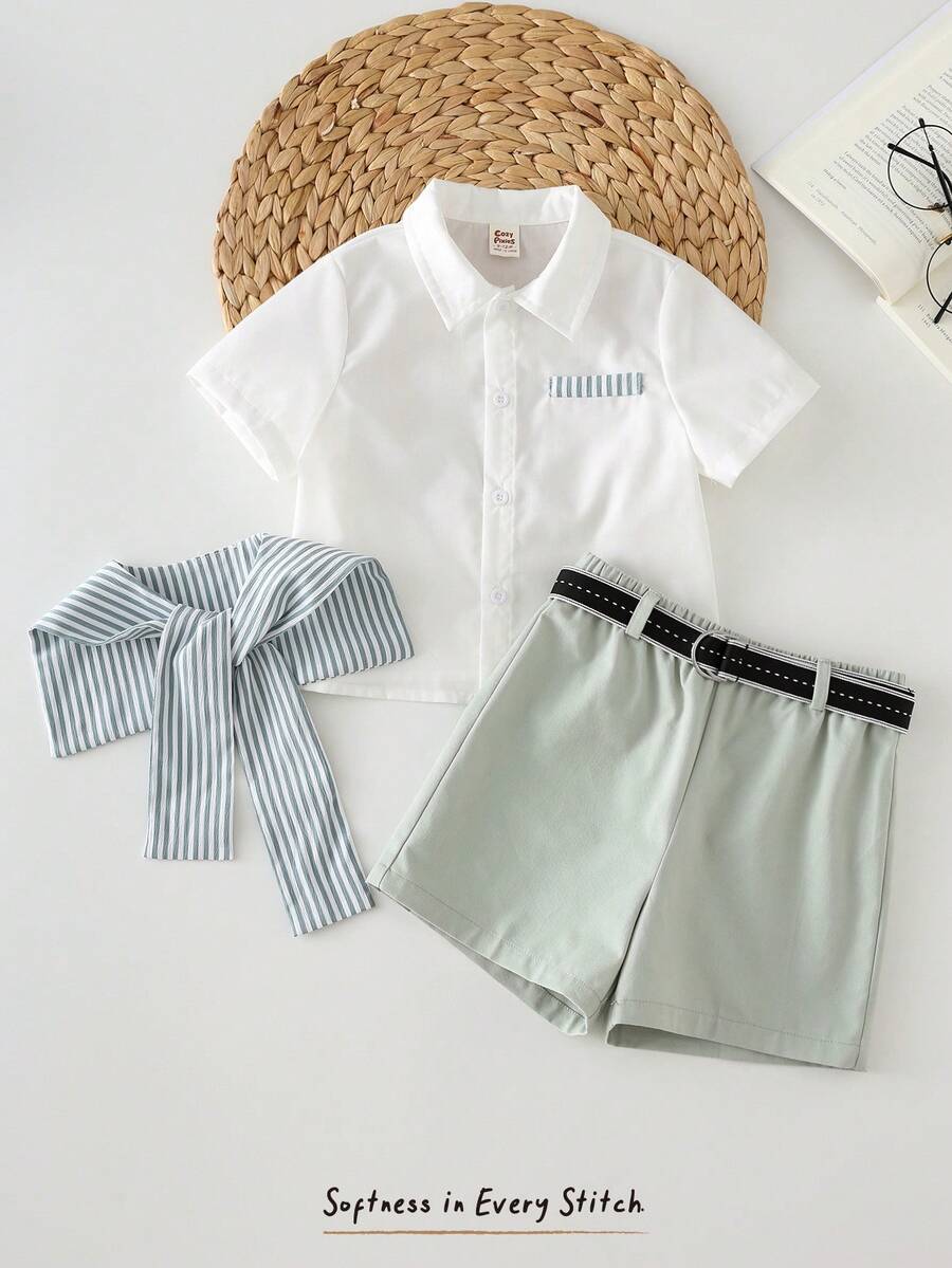 Bộ 3 món cho bé trai: Áo cardigan tay ngắn cổ bẻ kẻ sọc xanh trắng và quần short cạp chun. - Màu xanh Bạc hà - Xem 1