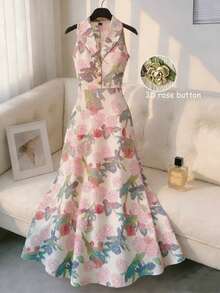 GlowEve 新款春夏女装“玫瑰故事”浪漫复古法式优雅收腰喇叭长裙，饰有3D玫瑰花，衬衫式纽扣设计 - 彩色 - 查看 1