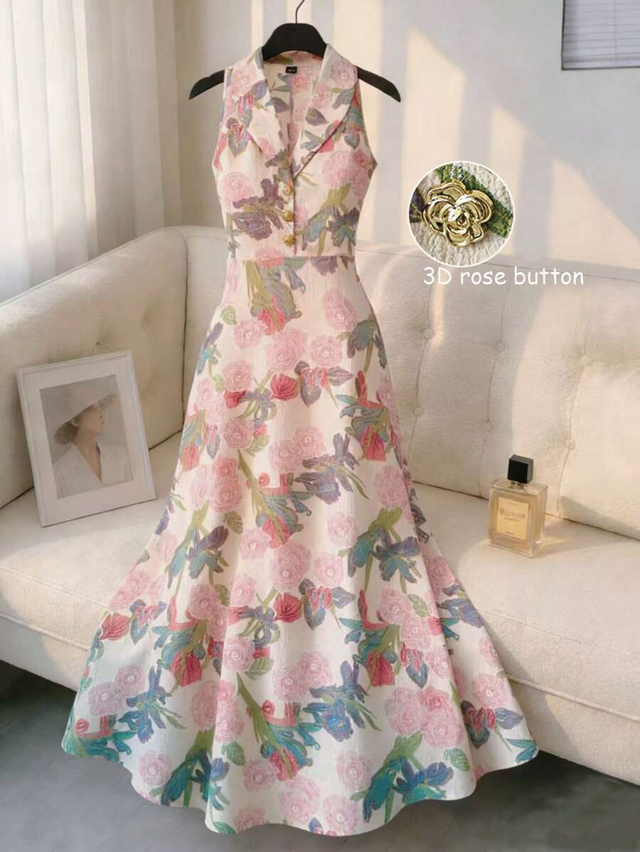 GlowEve 新款春夏女装“玫瑰故事”浪漫复古法式优雅收腰喇叭长裙，饰有3D玫瑰花，衬衫式纽扣设计 - 彩色 - 查看 1