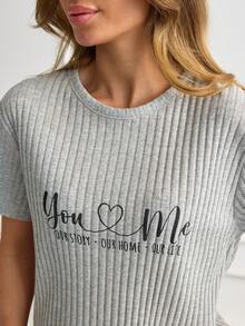 SHEIN 100%Cotton Letter Graphic Drop Shoulder Tee & Short Pijama Set - Grey - View 7