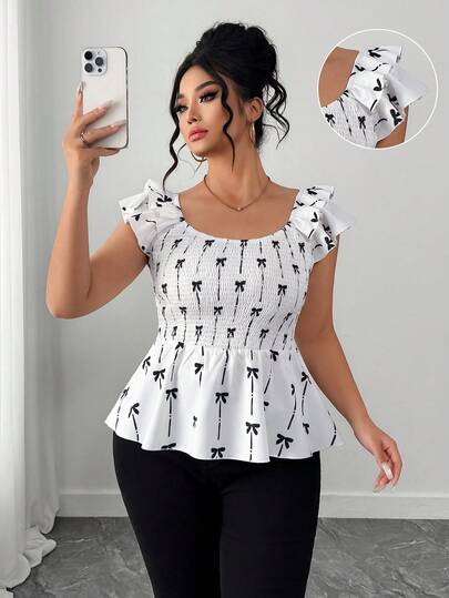 Elenzga Plus Size Women's Semiria Style Butterfly Print Layered Ruffle Backless Blouse,  Day