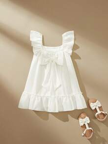 SHEIN Girls' Sleeveless White Dress, Pure White Tone Fresh And Gentle, Large Ruffle Flared Sleeves With Bowknot Back, Pastoral Cute Casual Minimalist Summer Girls Dress - White - View 2