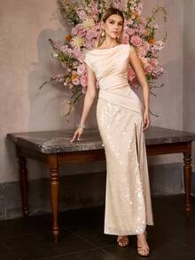 MOTF Soiréza Đầm maxi dự tiệc cổ thuyền thanh lịch dành cho nữ, với chi tiết nhún eo và xẻ tà cao, chất liệu satin kết hợp sequin lấp lánh, phù hợp cho các sự kiện buổi tối và lễ kỷ niệm trang trọng, đám cưới, dạ hội, đêm giao thừa. - Rượu sâm banh - Xem 8