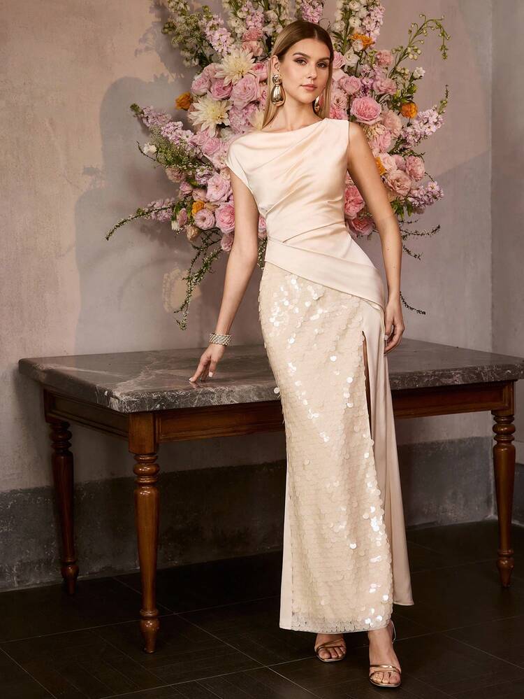 MOTF Soiréza ELEGANT BOAT NECK MAXI PARTY DRESS FOR WOMEN, WITH WAIST RUCHING & HIGH SLIT, SATIN CONNECT SPARKLY SEQUINS, FIT FOR EVENING EVENTS & FORMAL CELEBRATIONS, WEDDINGS, GALAS, NEW YEAR'S EVE