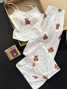 SHEIN Teen Girls' Summer Bear Graphic Camisole & Leggings Pajama Set - Apricot - View 1