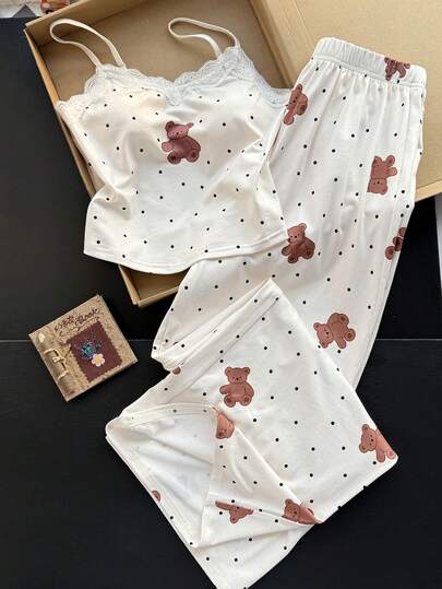 SHEIN Teen Girls' Summer Bear Graphic Camisole & Leggings Pajama Set