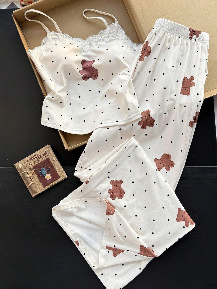 SHEIN Teen Girls' Summer Bear Graphic Camisole & Leggings Pajama Set - Apricot - View 1