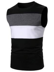 Manfinity Homme Men's Black And White Striped Summer Casual Tank Top,Fashionable Street Hip Hop Style Color Block Sleeveless Tee,Classic Fit Round Neck Work T Shirt - Black - View 1