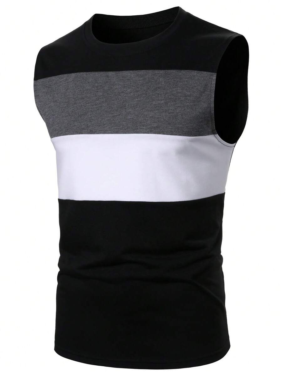 Manfinity Homme Men's Black And White Striped Summer Casual Tank Top,Fashionable Street Hip Hop Style Color Block Sleeveless Tee,Classic Fit Round Neck Work T Shirt - Black - View 1