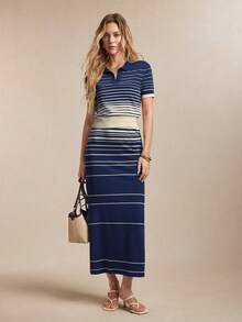 BizChic 新款春夏蓝色不对称渐变条纹Polo领半拉链单排扣装饰设计撞色抗起球轻盈丝滑针织女式毛衣，适合夏季叠穿或单穿 - 藏蓝色 - 查看 5