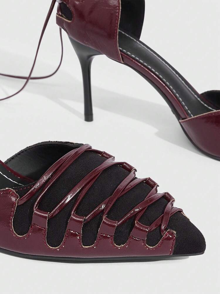 CUCCOO SZL Burgundy Patent Leather Lace-Up Hollow-Out Pointed Toe High Heels, Sexy Retro, Niche Criss-Cross Strap Design, Hollow Vamp Adds Uniqueness, Suitable For Women Pursuing Individuality, Liking Retro Style Or Niche Outfits, Can Be Worn For Dates, Parties Or Other Occasions To Showcase Charm, Also Can Add Highlights To Daily Outfits. Prom Heels