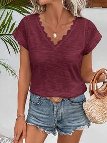 SHEIN Frenchy Casual Solid Color Lace Patchwork V-Neck Short Sleeve T-Shirt,Summer Top - Burgundy - View 4