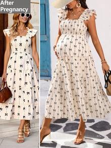 SHEIN 孕妇夏季度假休闲印花宽松连衣裙 - 卡其色 - 查看 3