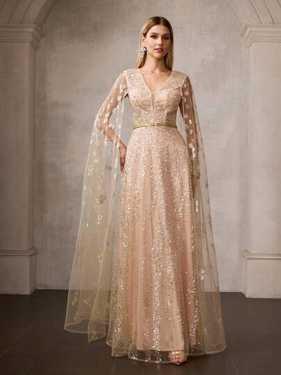 MOTF PREMIUM 女士新款杏色刺绣网纱披肩式正式礼服，深V领收腰长裙，奢华T台风格晚礼服