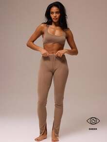 MUSERA ESSENTIALS Fitted High Waist Sheer Mesh Split Hem Leggings Winter Spring Night Out Sexy Cute Mesh Essential - Camel - View 1