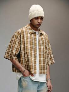 PAVTROS 情人节、春夏、送给男友的礼物、狂欢节、复古、街头风、派对、圣帕特里克节、外出、街头风宽松拉链衬衫、复古重塑、经典格纹做旧图案、简约数字点缀、醒目现代、融合当代与复古风格、适合休闲、街头、户外、主题派对等场合 - 棕色 - 查看 6